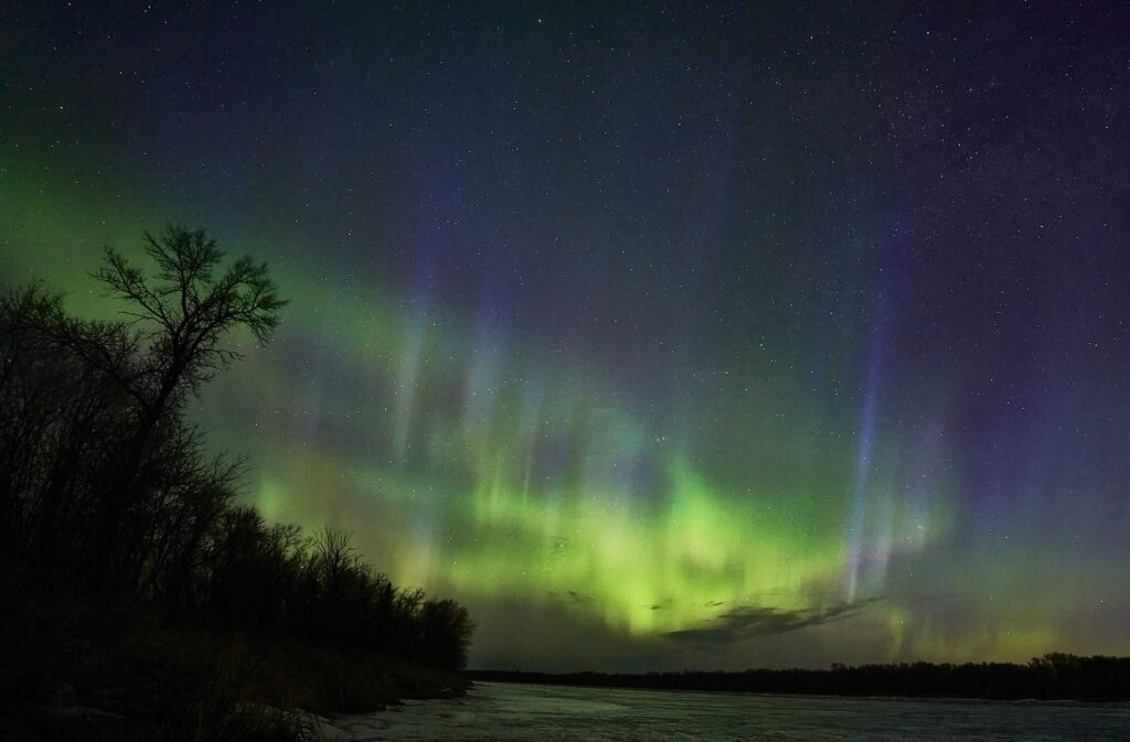 Green and purple aurora over a river bend with trees and stars