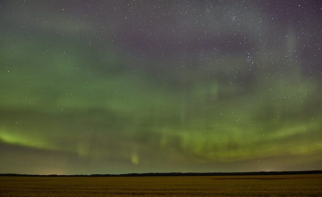 Wide green and purple aurora over a harvested field