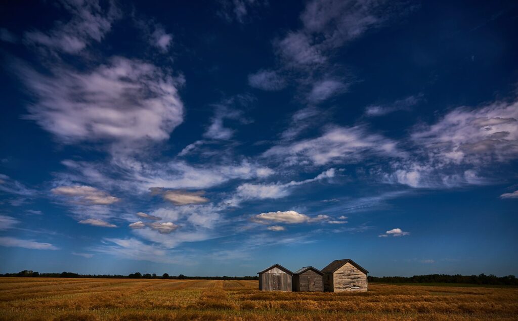Two small granaries in a harvested field under wispy blue sky