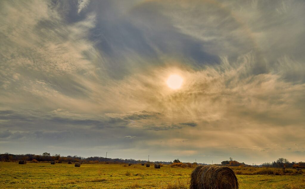 Hazy sun above a round bale in a hayfield