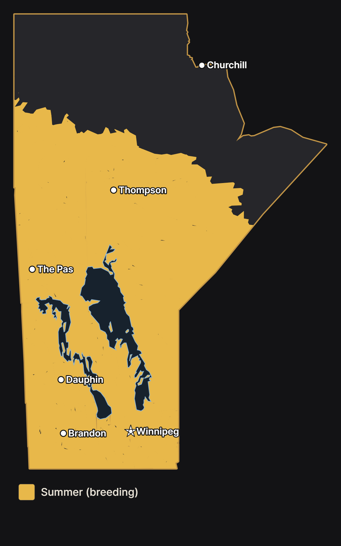 Map of Manitoba showing where the american kestrel nests, with major cities and lakes