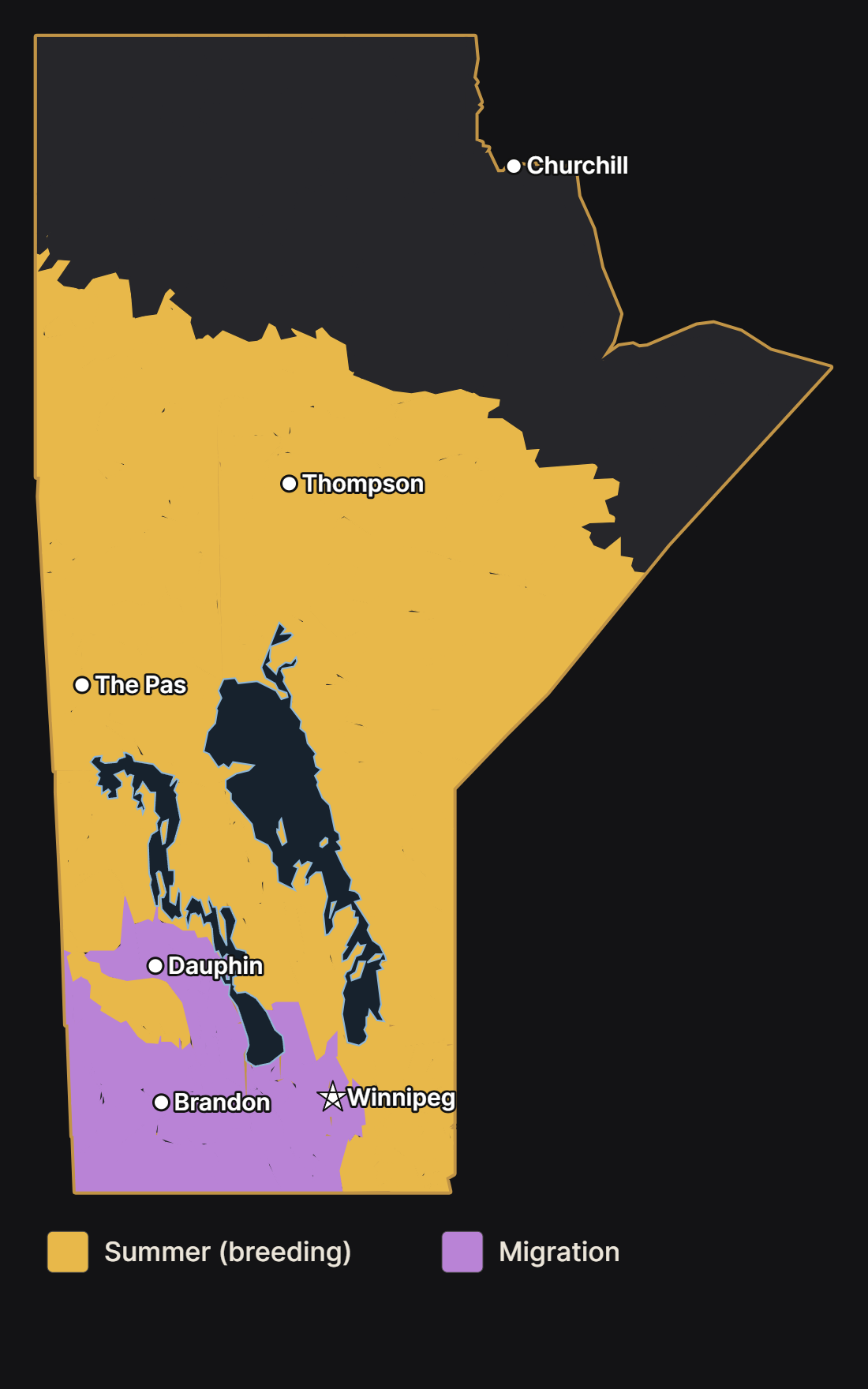 Map of Manitoba showing where the american redstart nests and migrates, with major cities and lakes