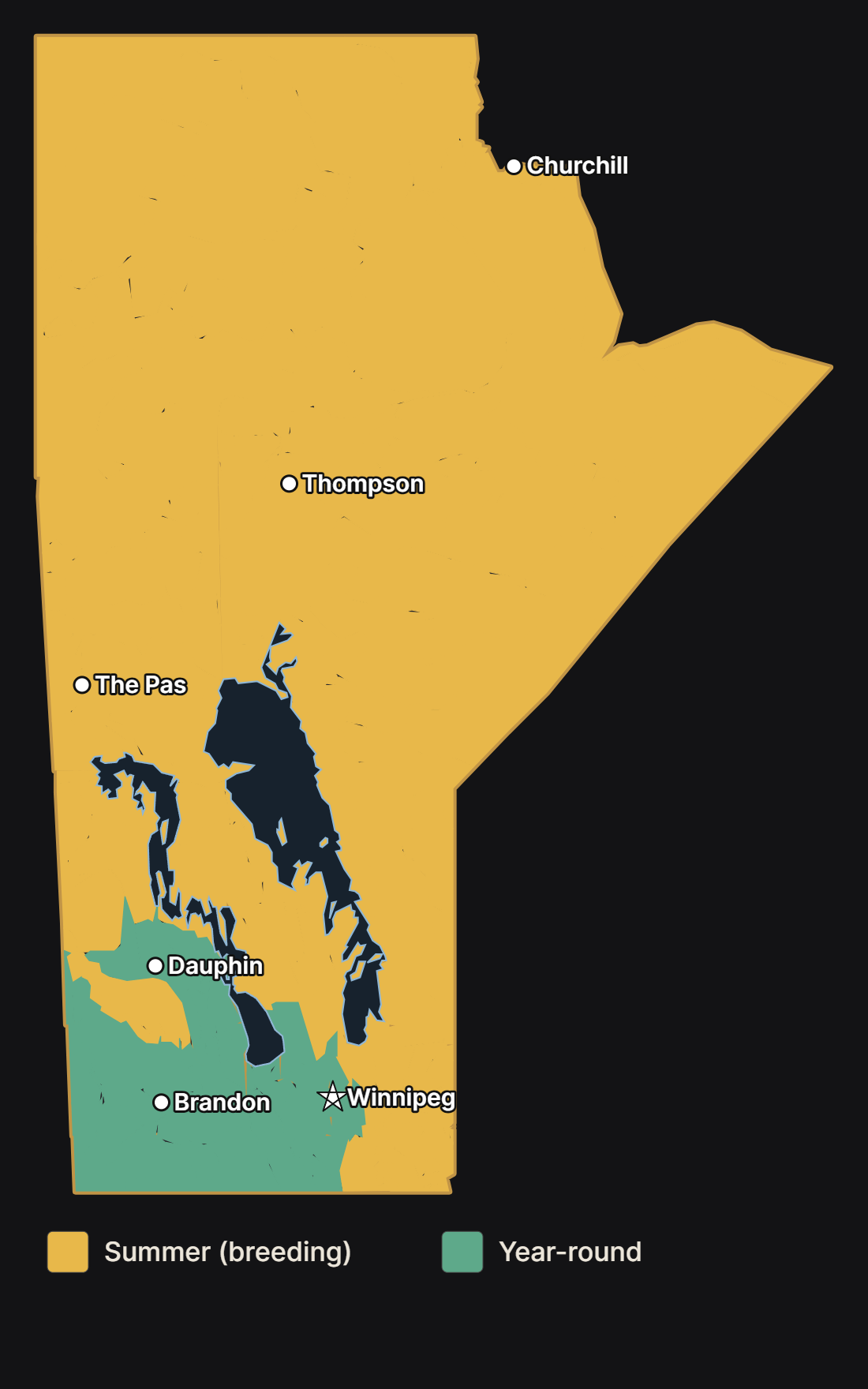 Map of Manitoba showing where the bald eagle nests and lives year-round, with major cities and lakes