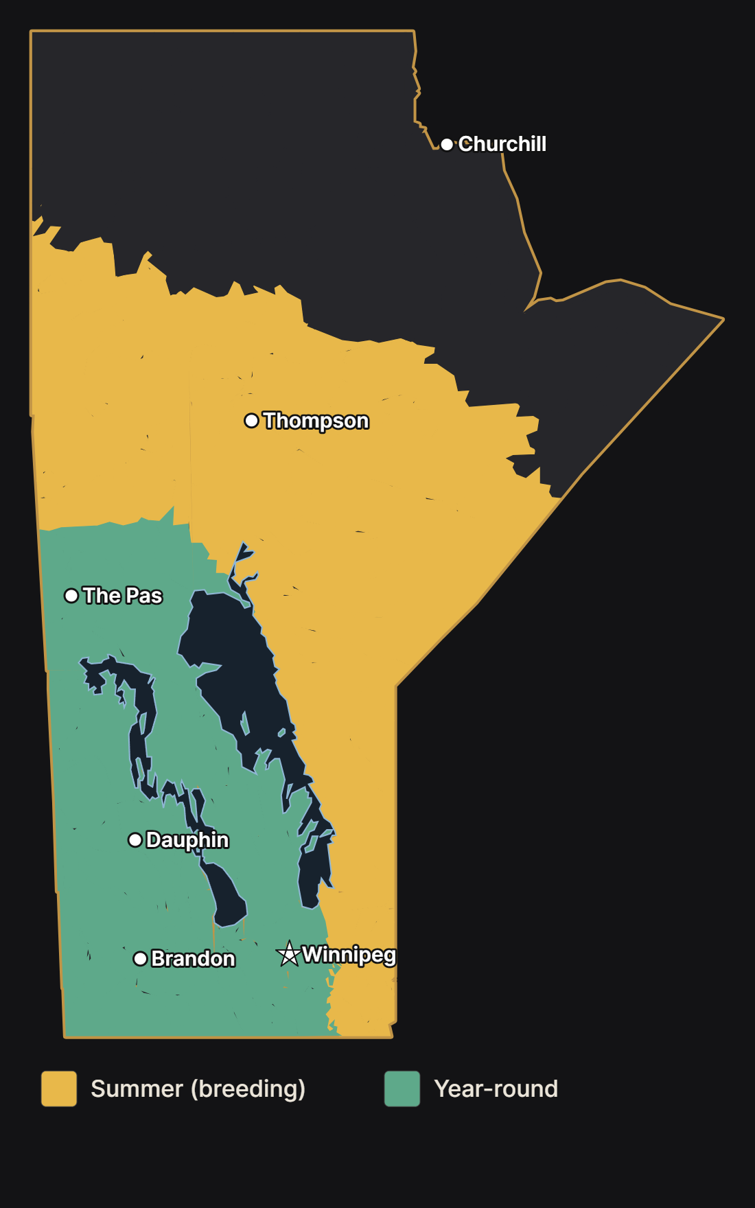 Map of Manitoba showing where the blue jay nests and lives year-round, with major cities and lakes