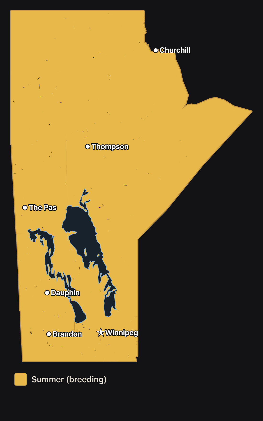 Map of Manitoba showing where the cedar waxwing nests, with major cities and lakes