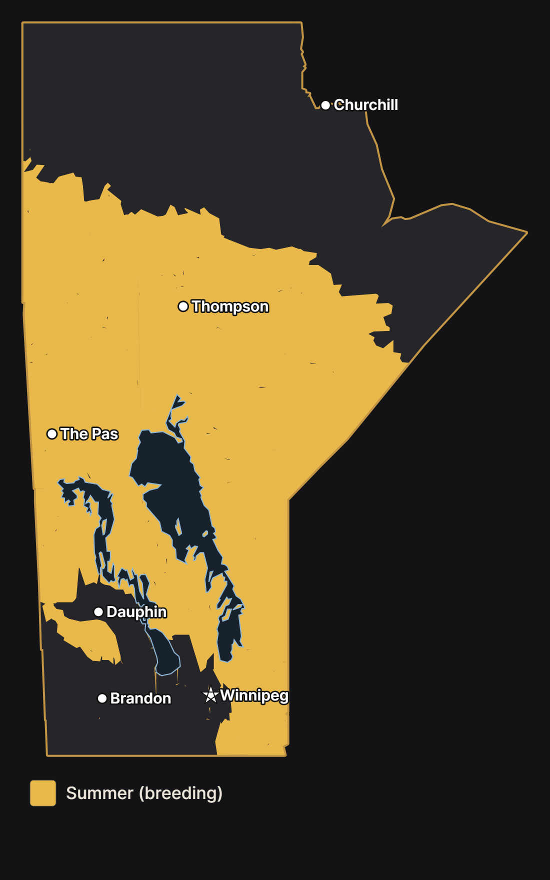 Map of Manitoba showing where the chestnut-sided warbler nests, with major cities and lakes