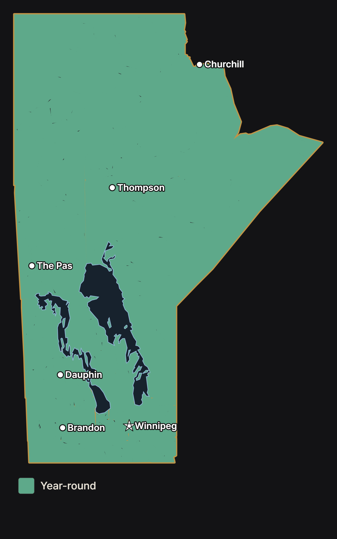 Map of Manitoba showing where the common raven lives year-round, with major cities and lakes