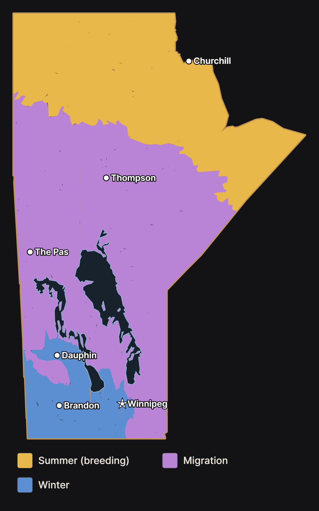 Map of Manitoba showing where the common redpoll nests, migrates, and spends the winter, with major cities and lakes