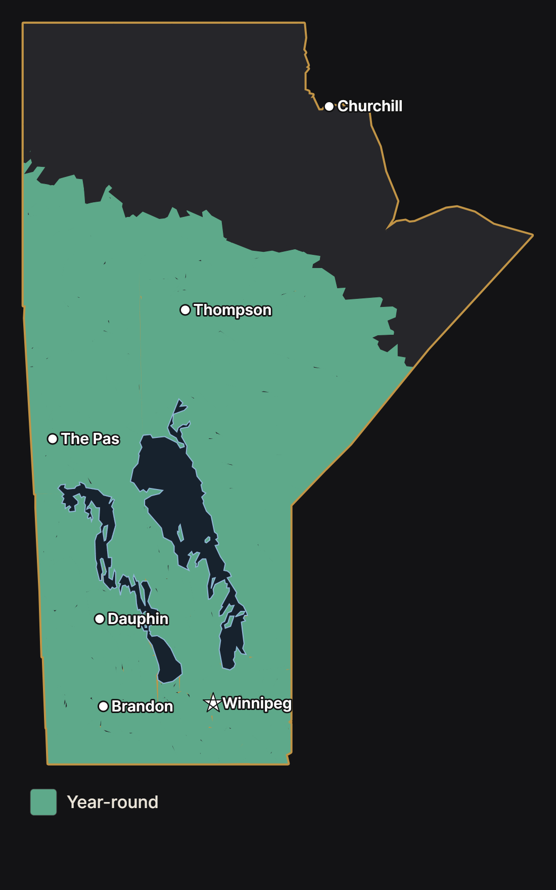 Map of Manitoba showing where the downy woodpecker lives year-round, with major cities and lakes