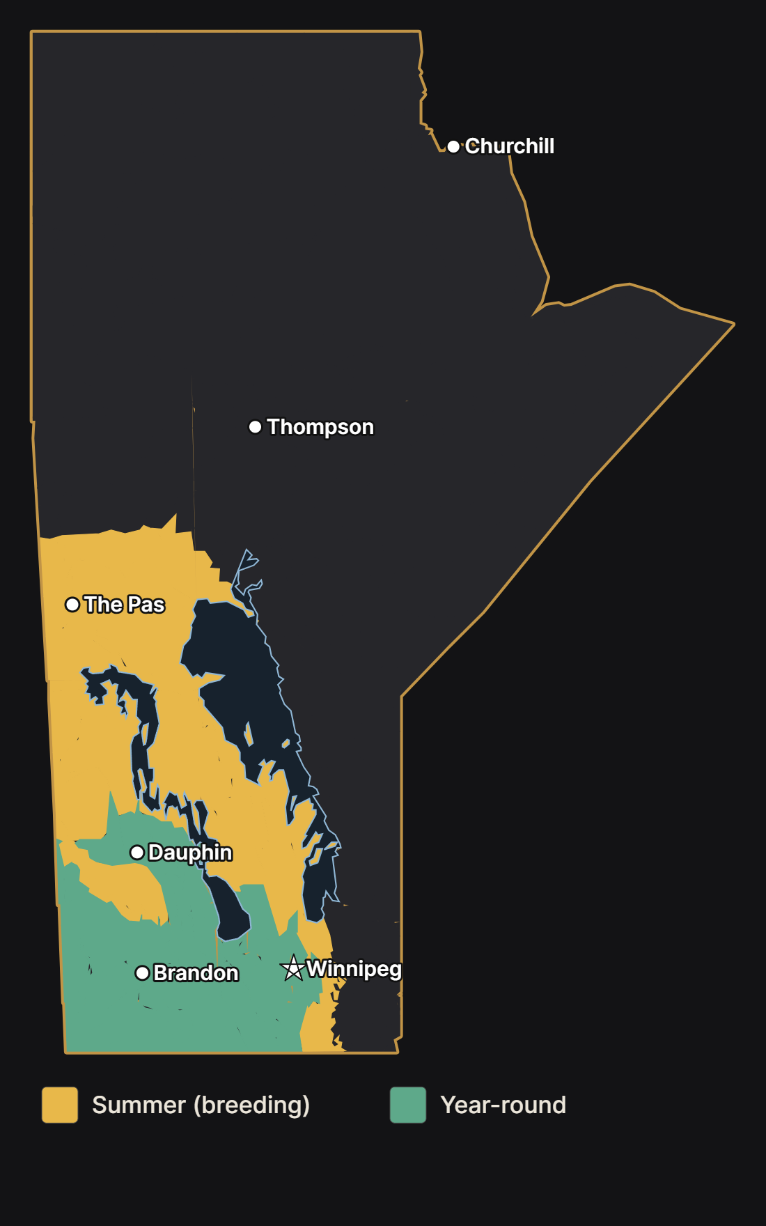 Map of Manitoba showing where the european starling nests and lives year-round, with major cities and lakes