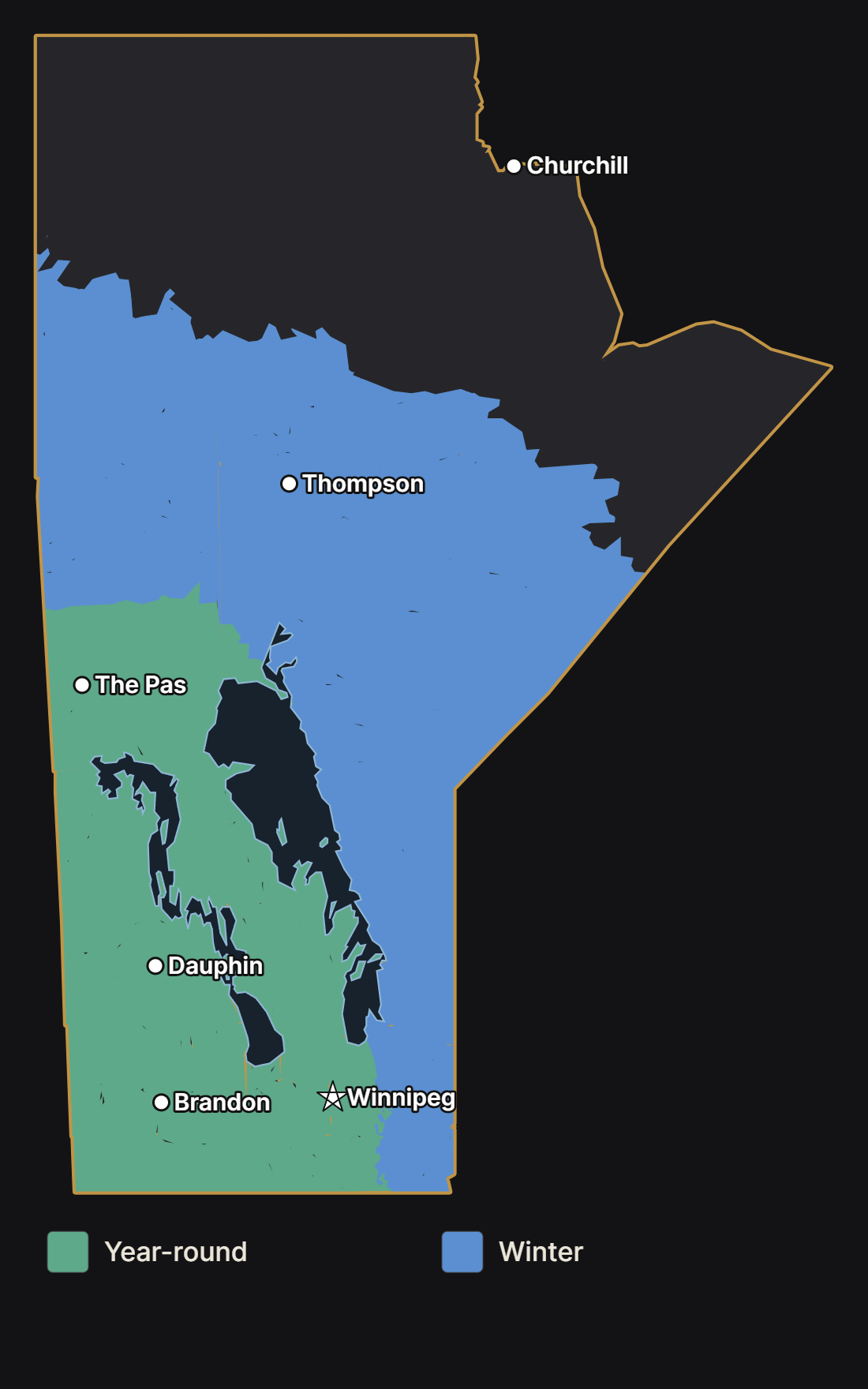Map of Manitoba showing where the evening grosbeak lives year-round and spends the winter, with major cities and lakes