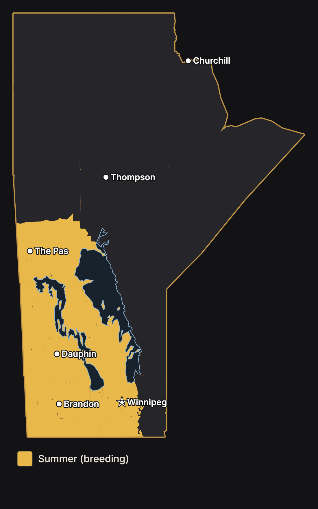 Map of Manitoba showing where the forster’s tern nests, with major cities and lakes