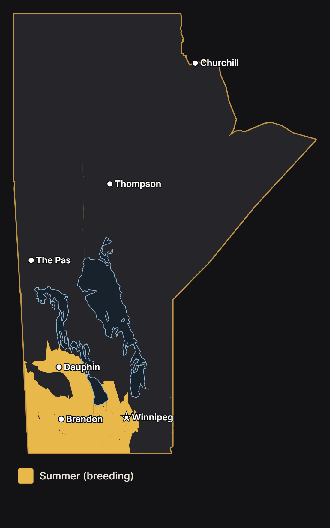Map of Manitoba showing where the great egret nests, with major cities and lakes