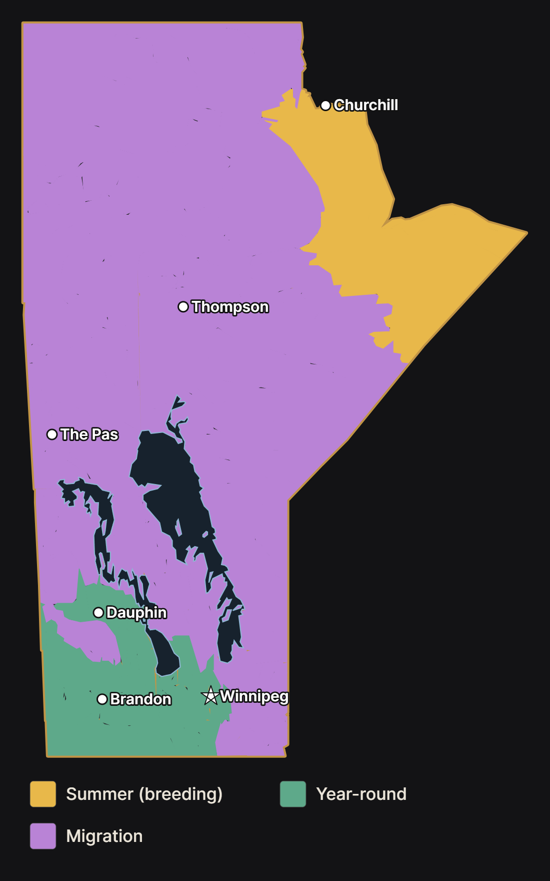 Map of Manitoba showing where the horned lark nests, lives year-round, and migrates, with major cities and lakes