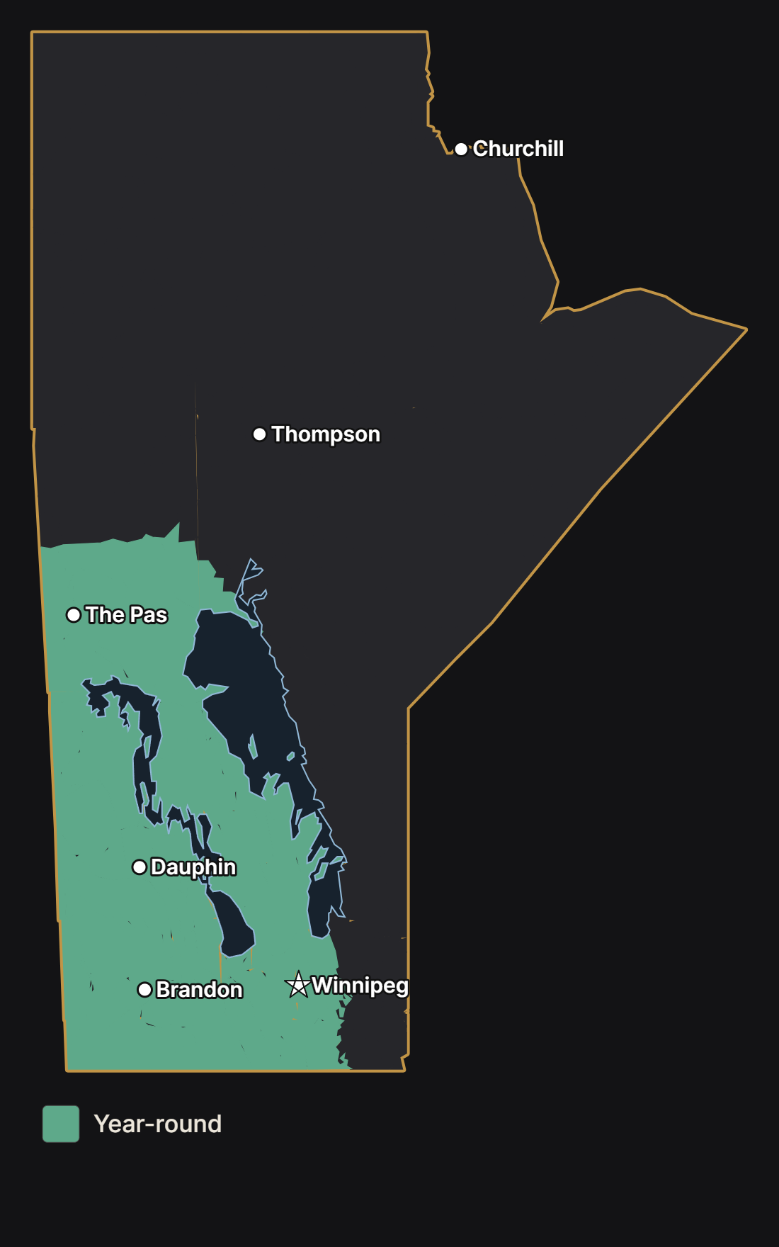 Map of Manitoba showing where the house sparrow lives year-round, with major cities and lakes