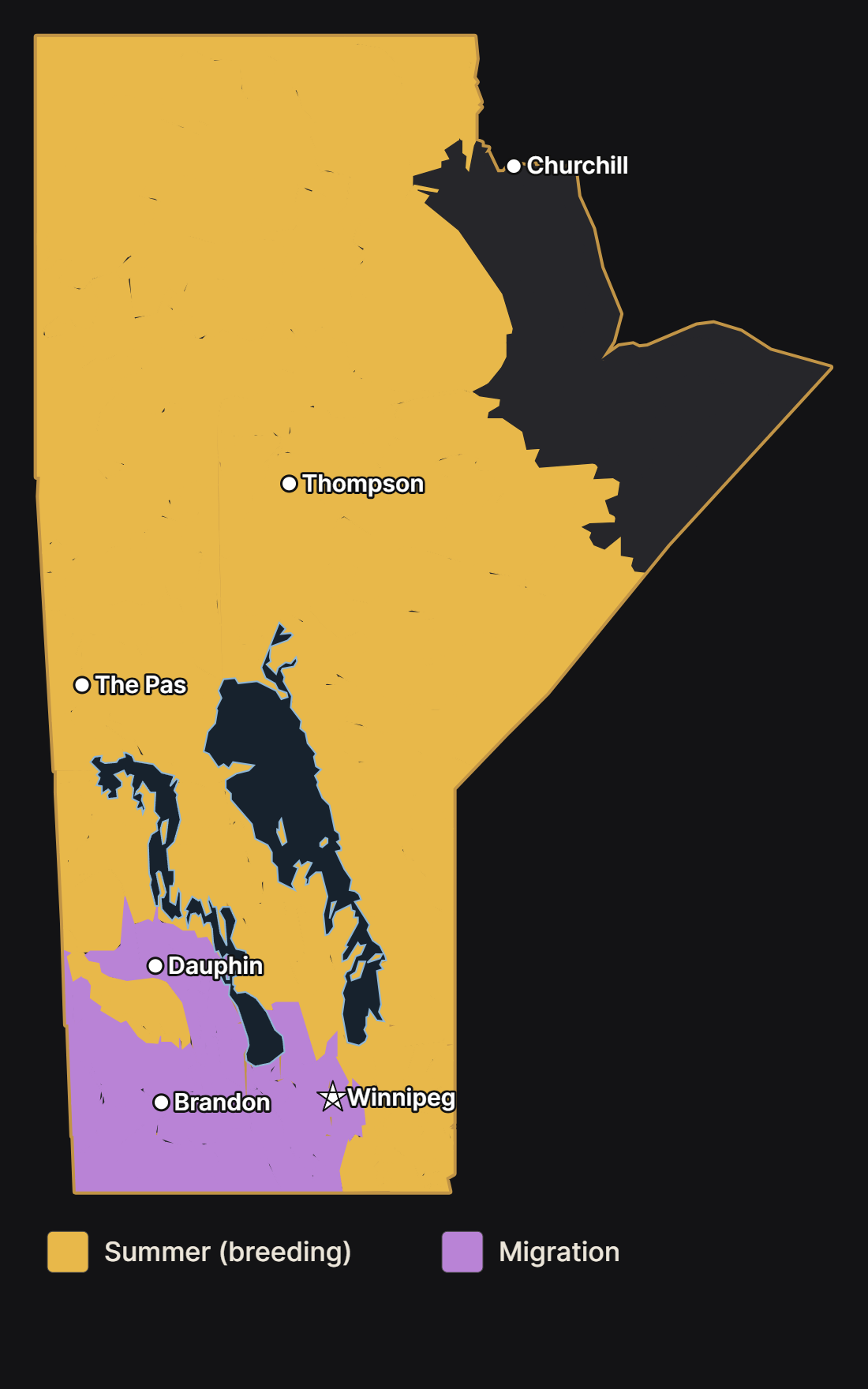 Map of Manitoba showing where the osprey nests and migrates, with major cities and lakes