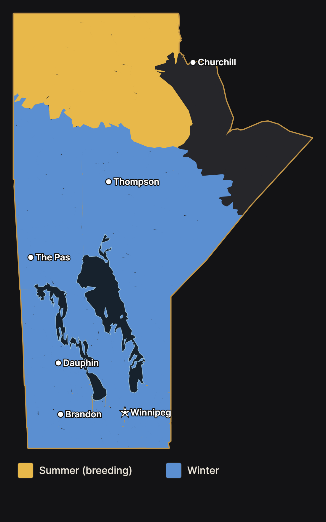 Map of Manitoba showing where the pine grosbeak nests and spends the winter, with major cities and lakes