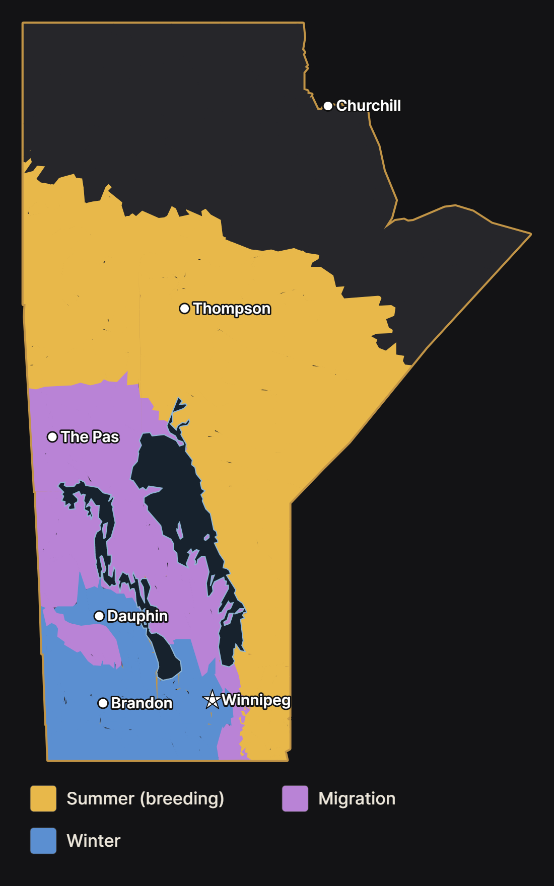 Map of Manitoba showing where the purple finch nests, migrates, and spends the winter, with major cities and lakes