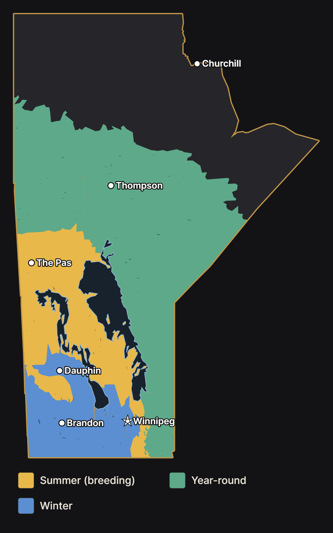 Map of Manitoba showing where the red-breasted nuthatch nests, lives year-round, and spends the winter, with major cities and lakes