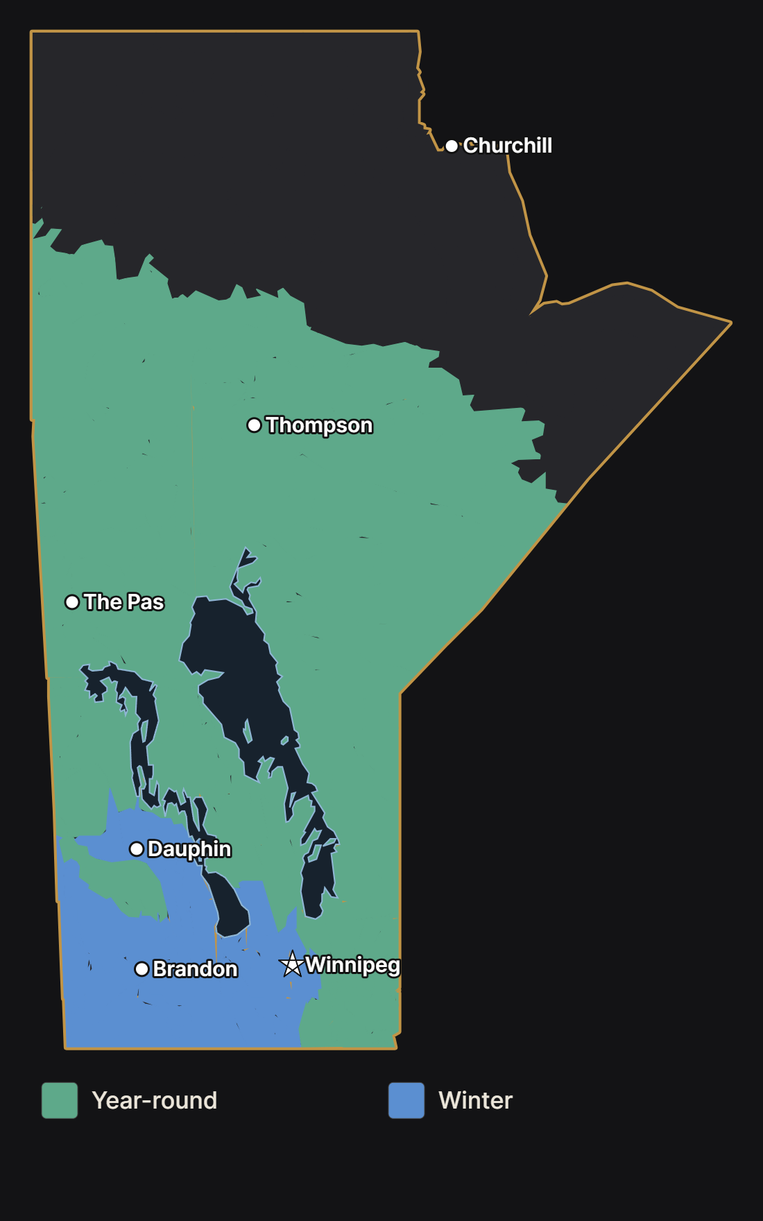 Map of Manitoba showing where the red crossbill lives year-round and spends the winter, with major cities and lakes