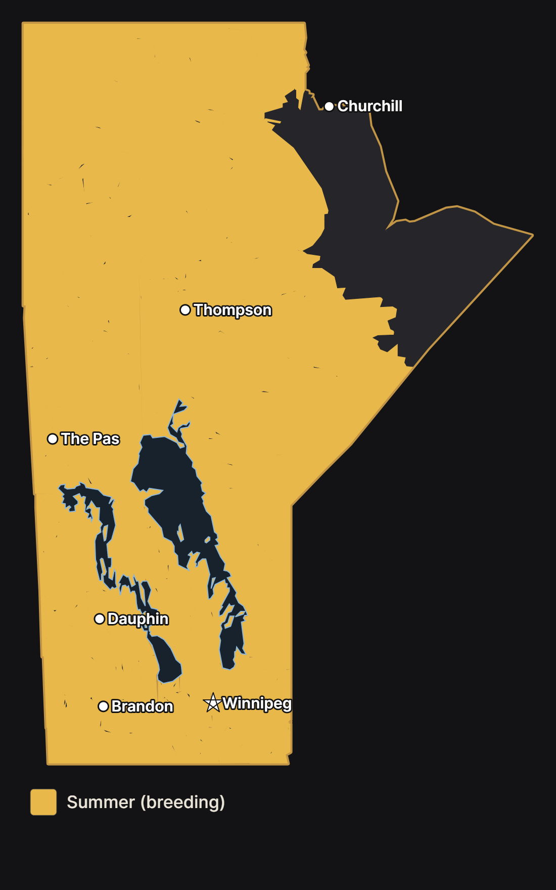 Map of Manitoba showing where the red-tailed hawk nests, with major cities and lakes