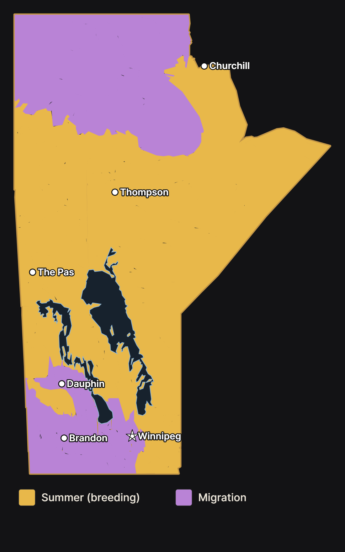Map of Manitoba showing where the sandhill crane nests and migrates, with major cities and lakes