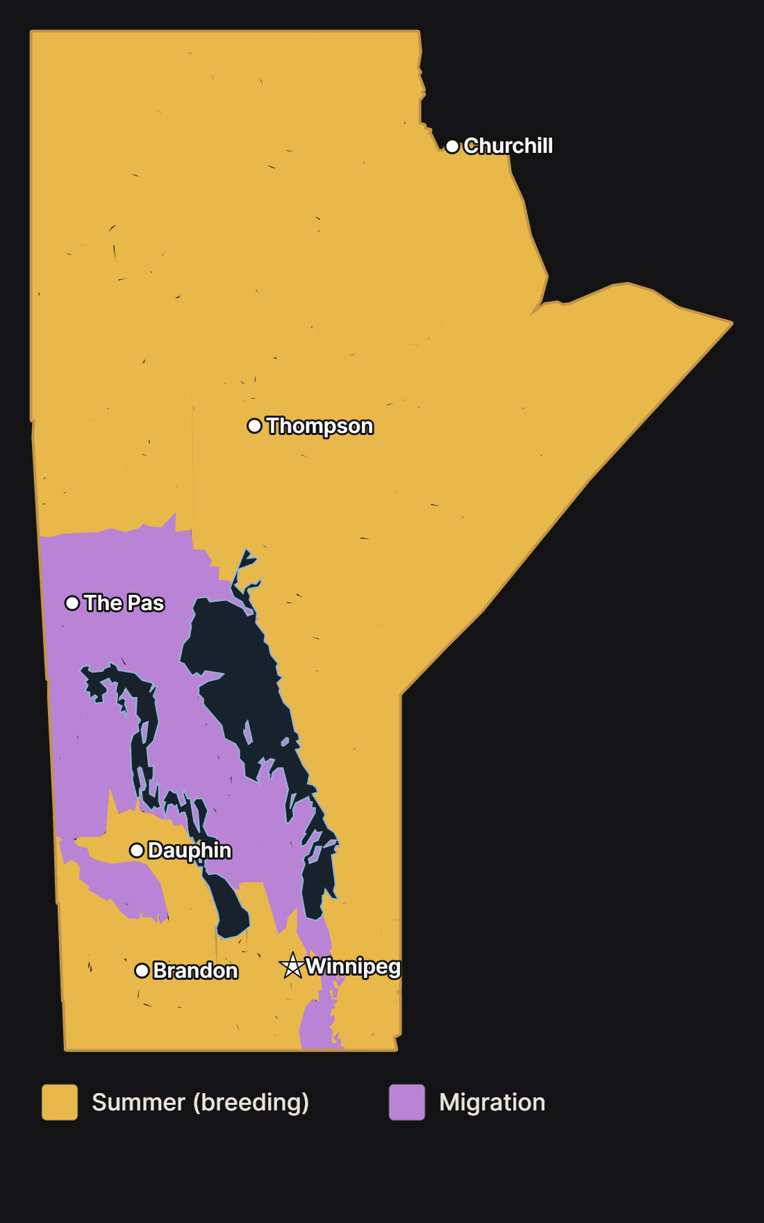 Map of Manitoba showing where the savannah sparrow nests and migrates, with major cities and lakes