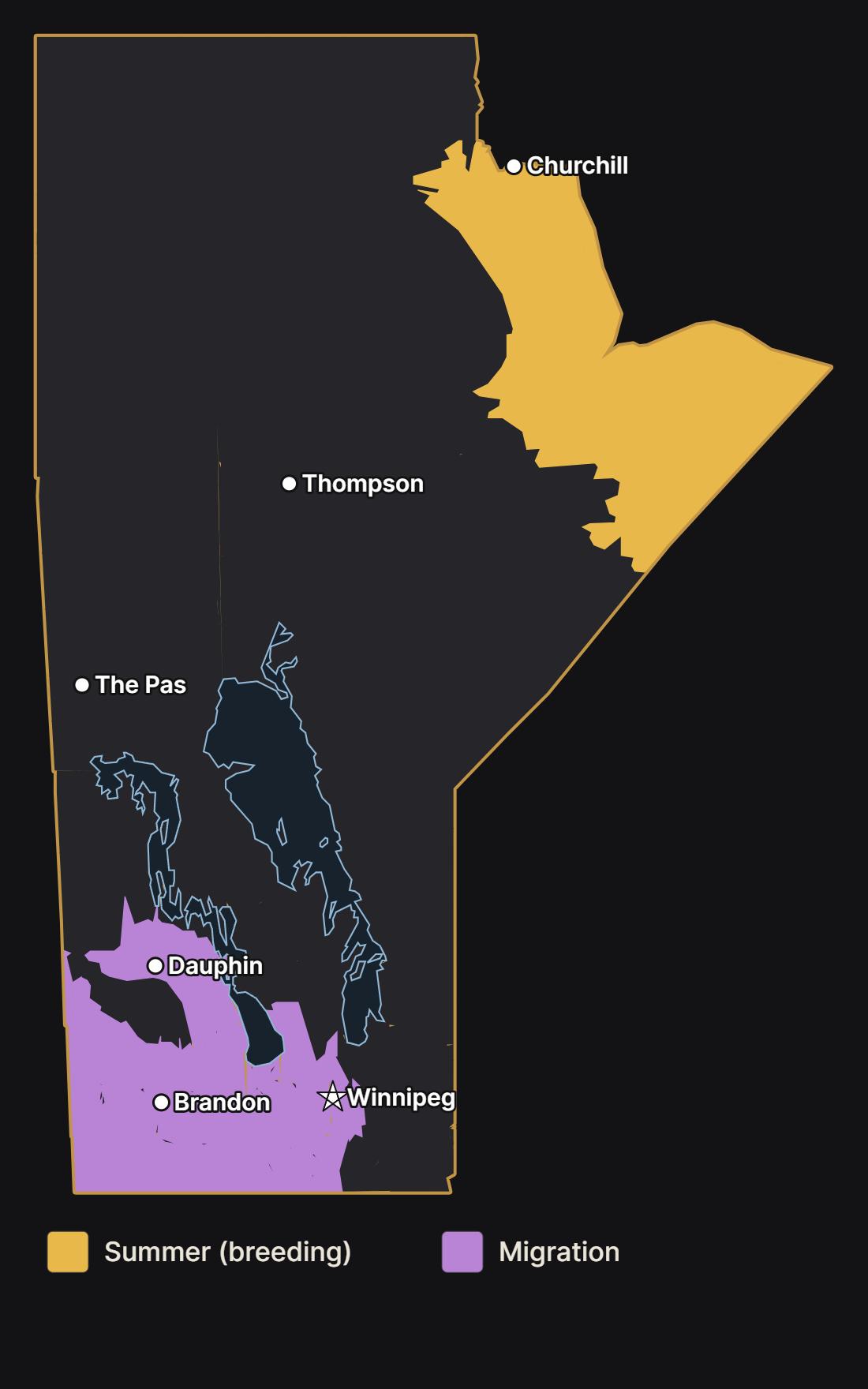 Map of Manitoba showing where the short-billed dowitcher nests and migrates, with major cities and lakes