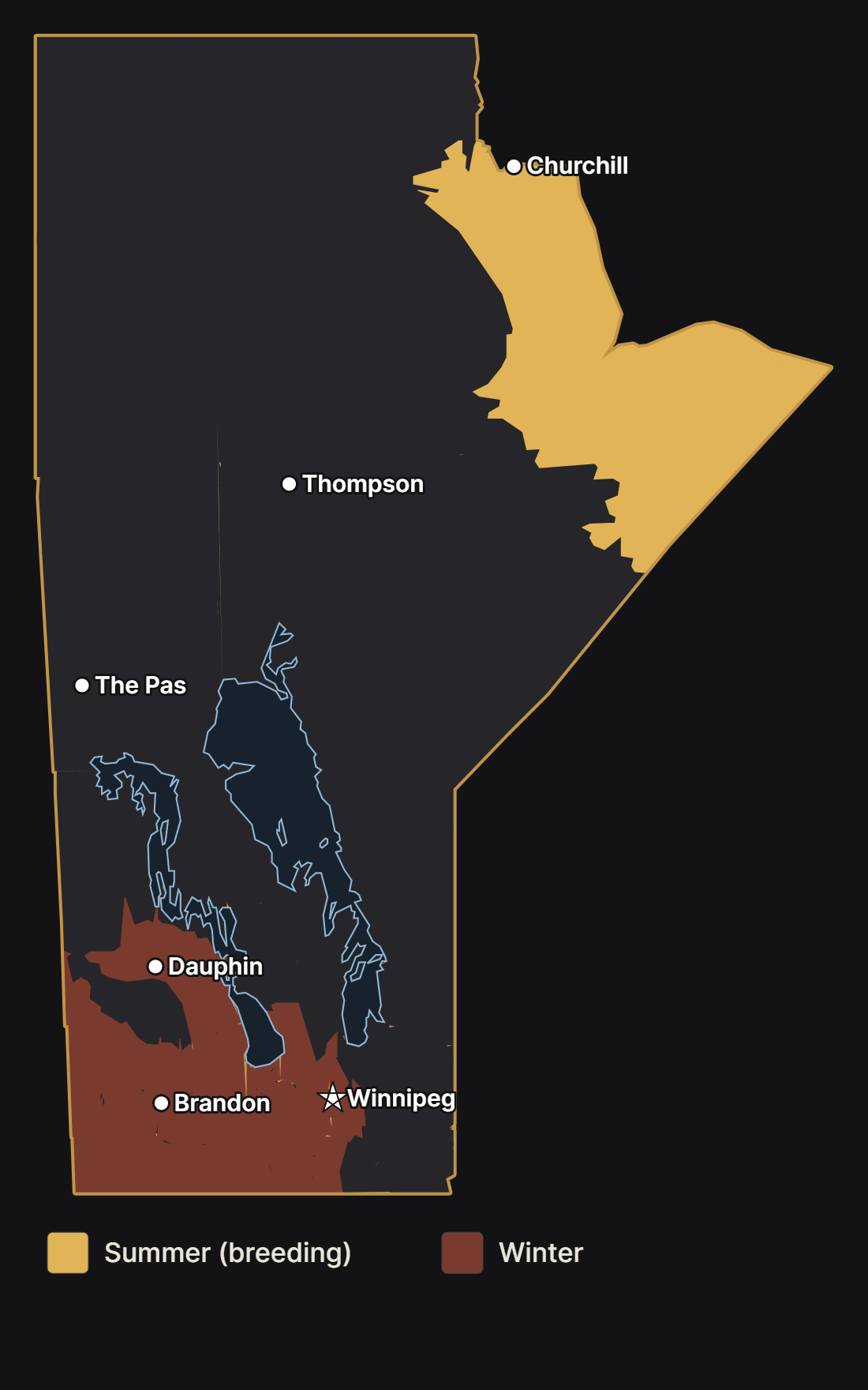Map of Manitoba showing where the short-eared owl nests and spends the winter, with major cities and lakes
