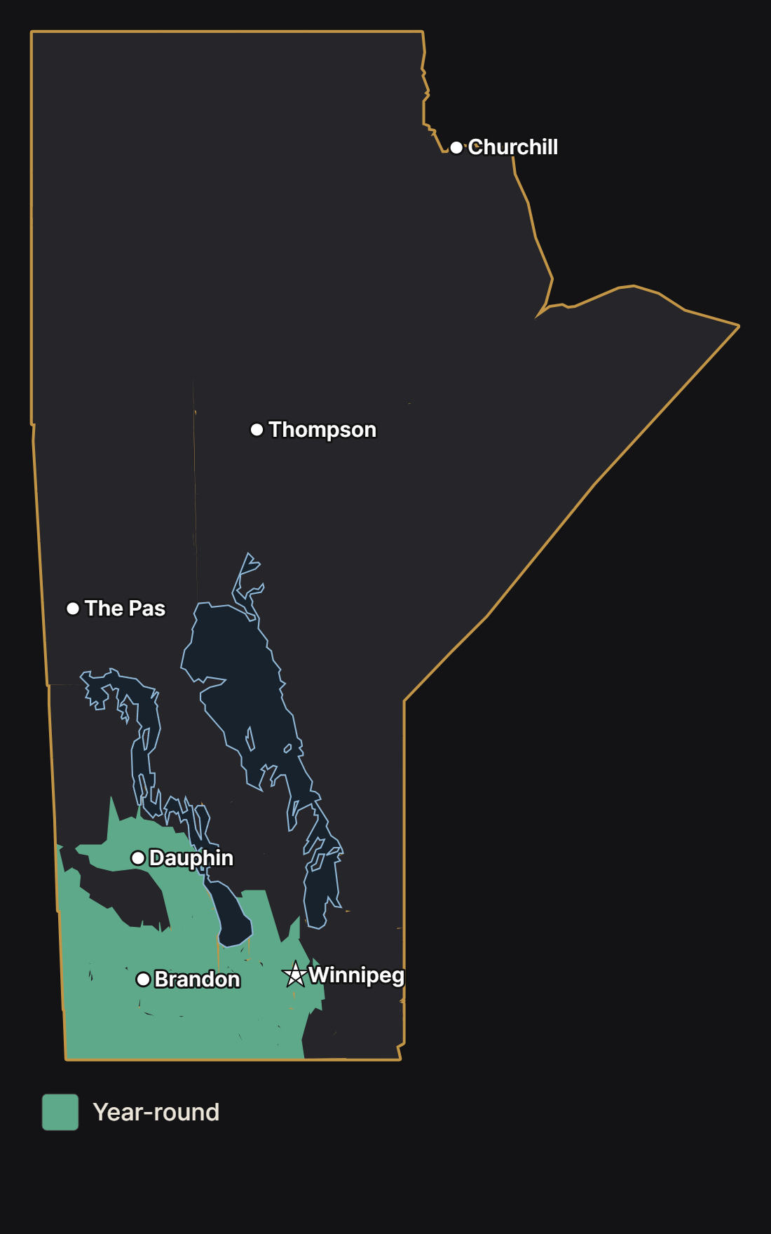 Map of Manitoba showing where the wild turkey lives year-round, with major cities and lakes