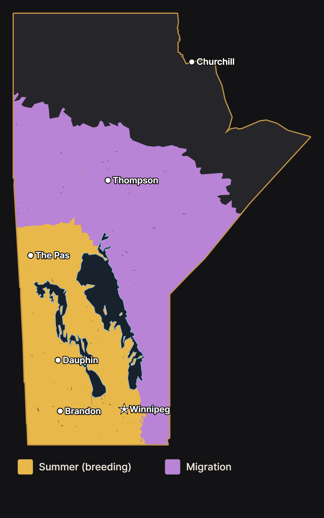 Map of Manitoba showing where the wood duck nests and migrates, with major cities and lakes