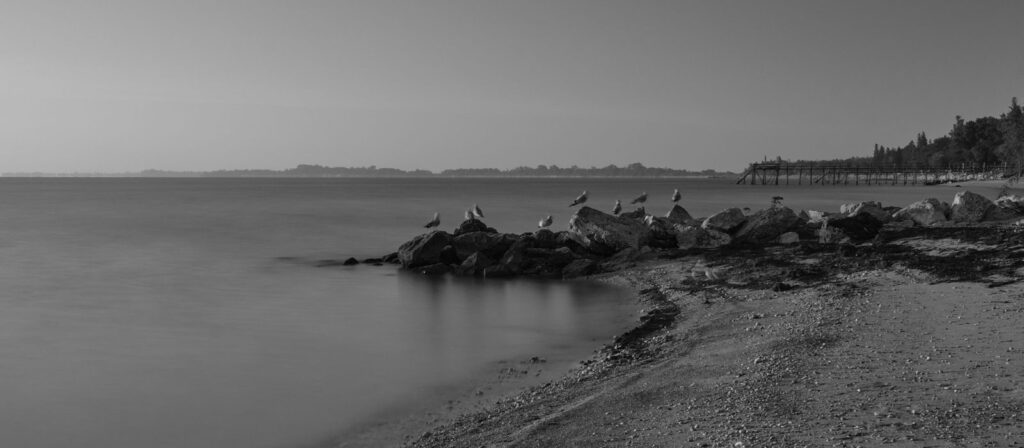Rocky shoreline and pale beach on a quiet lake, in black and white