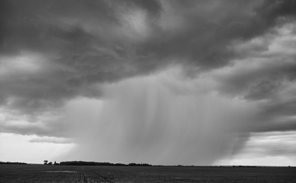 A curtain of rain falling from a grey storm cloud