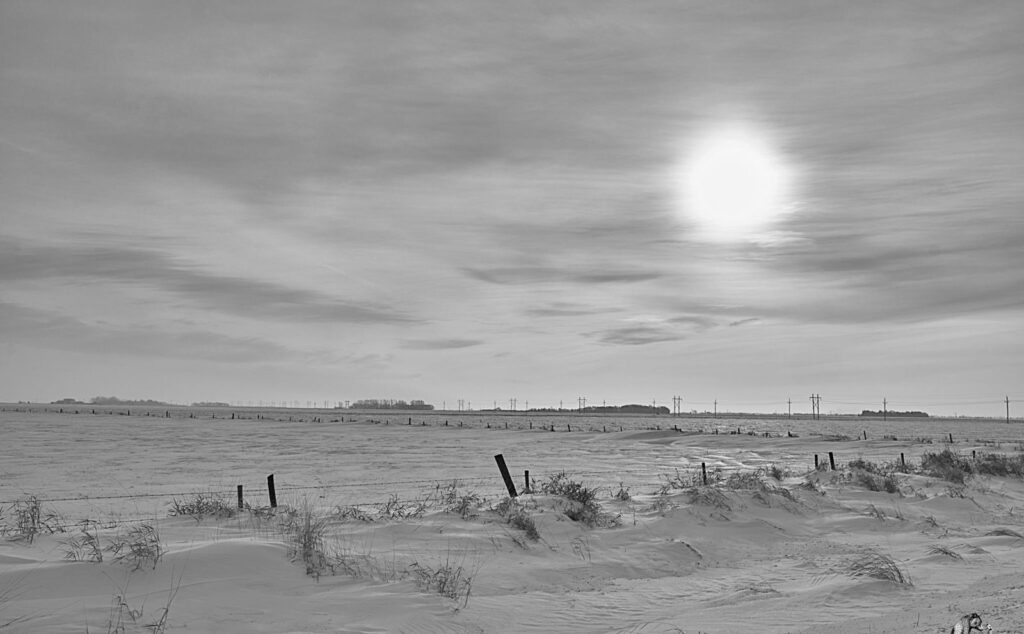 A pale sun over a snowy field