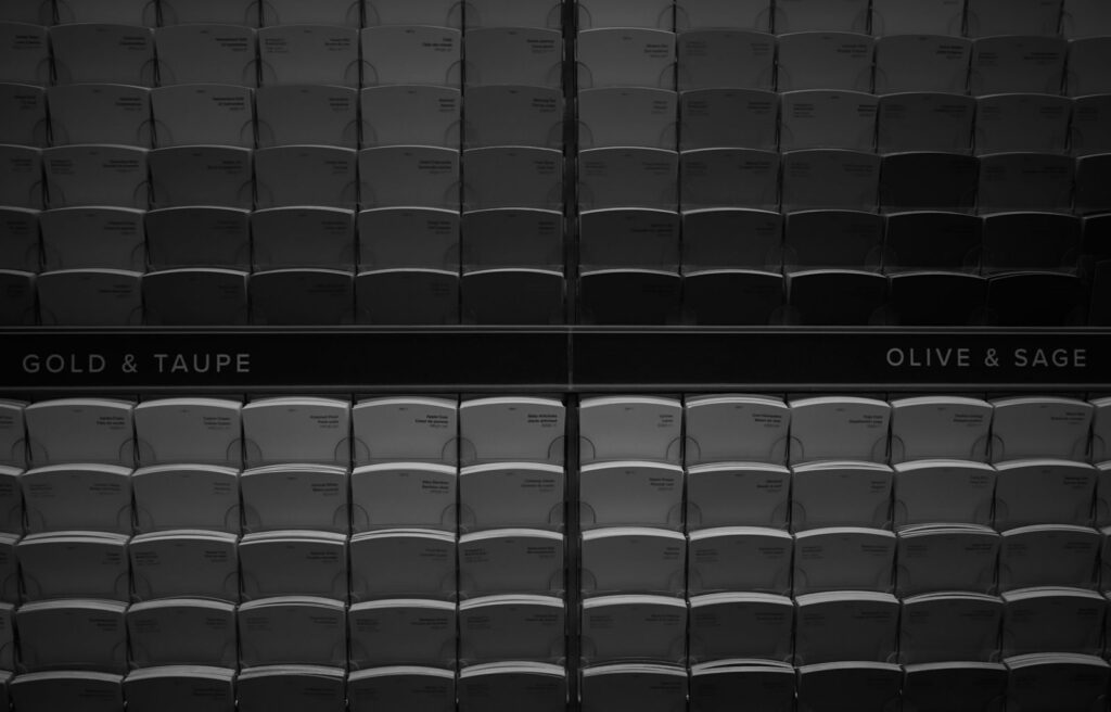 Close-up of rows of stadium seats in muted tones