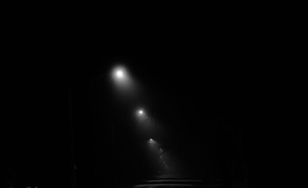 Row of streetlights fading into fog on a night road