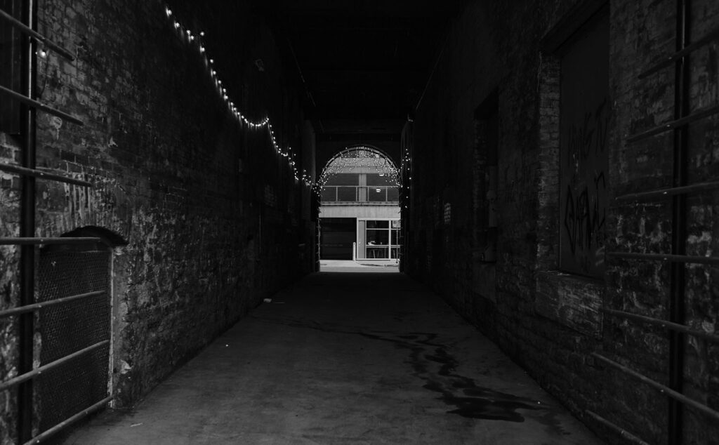 Narrow brick alley with string lights leading to a lit doorway