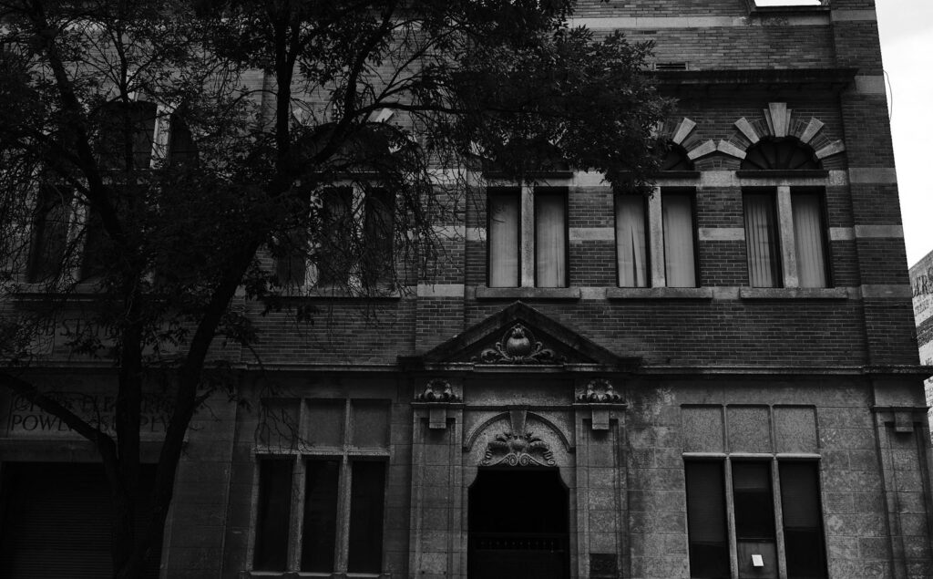 Brick-and-stone building with arched windows framed by a tree