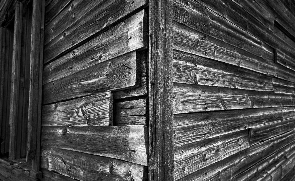 Weathered wood siding on an old prairie building