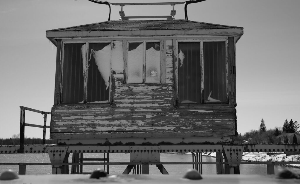 Weathered observation cab on an old structure